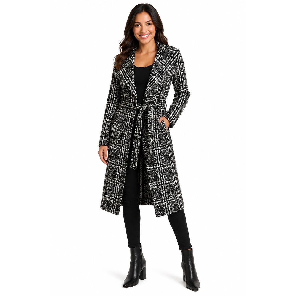 Shinestar Womens Black White Plaid Belted Trench Coat Duster Jacket SZ S